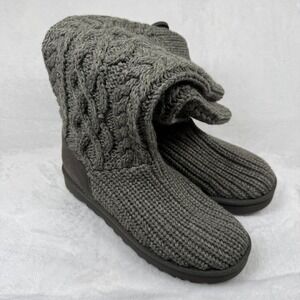 UGG Classic Cable Knit Boots Women Size 7 Grey Sheepskin Wool Blend Zipper